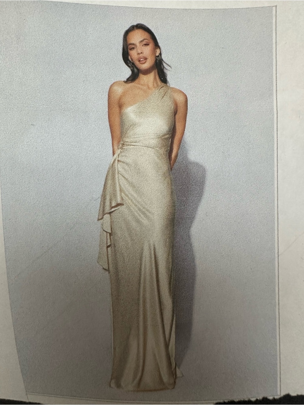Meshki One-Shoulder Satin Gown in Champagne Gold